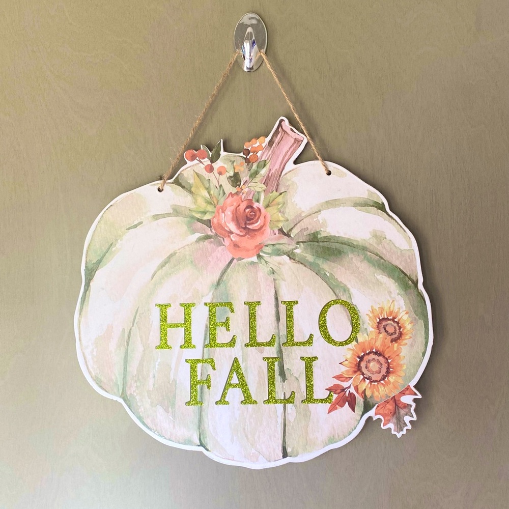 NWT Glittery Pumpkin Hello Fall Autumn Hanging Door or Wall Sign